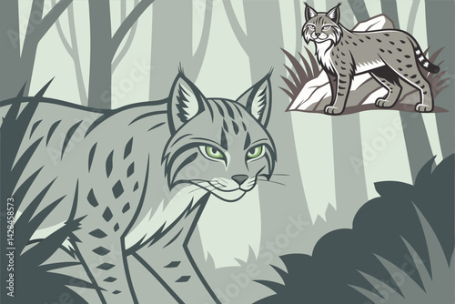 Cartoon Lynxes in Forest Majestic & Wild Nature Illustration