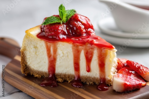 Creamy New York-style cheesecake slice topped with fresh strawberries and berry sauce on white plate
