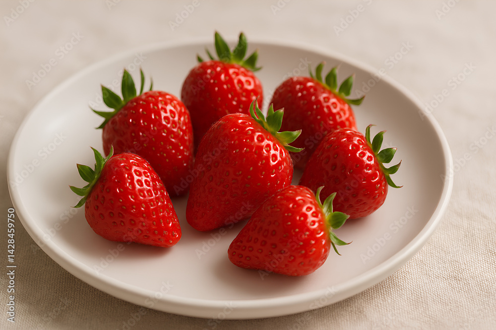 Bright red strawberries placed on a matte white ceramic plate over a light beige linen background. Bright red strawberries placed on a matte white ceramic plate over a light beige linen background.