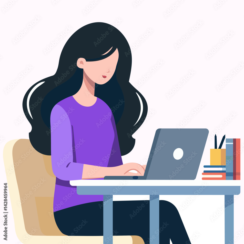 Young woman working at laptop editable vector, no background. Comfortable workspace, remote work, vacancy, assistant, manager. Young woman working at laptop editable vector, no background. Comfortable workspace, remote work, vacancy, assistant, manager.
