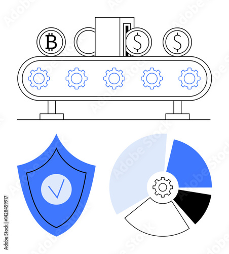 Automated cryptocurrency and dollar creation on a conveyor, shield with check for security, and a gear pie chart. Ideal for finance, digital currency, technology, safety, analysis, automation simple