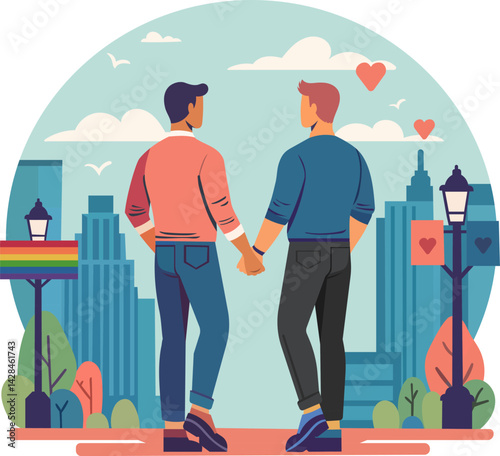 LGBT consept print two man happily holding hands, editable vector, no background. 