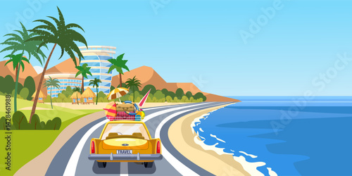 Summer road trip vacation by car, coast sea, ocean, palms, resort tropical landscape