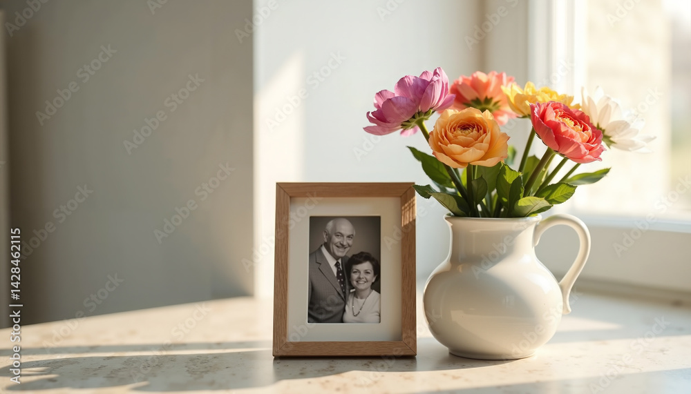 Heartwarming family portrait alongside a vibrant flower arrangement on a sunny windowsill Heartwarming family portrait alongside a vibrant flower arrangement on a sunny windowsill