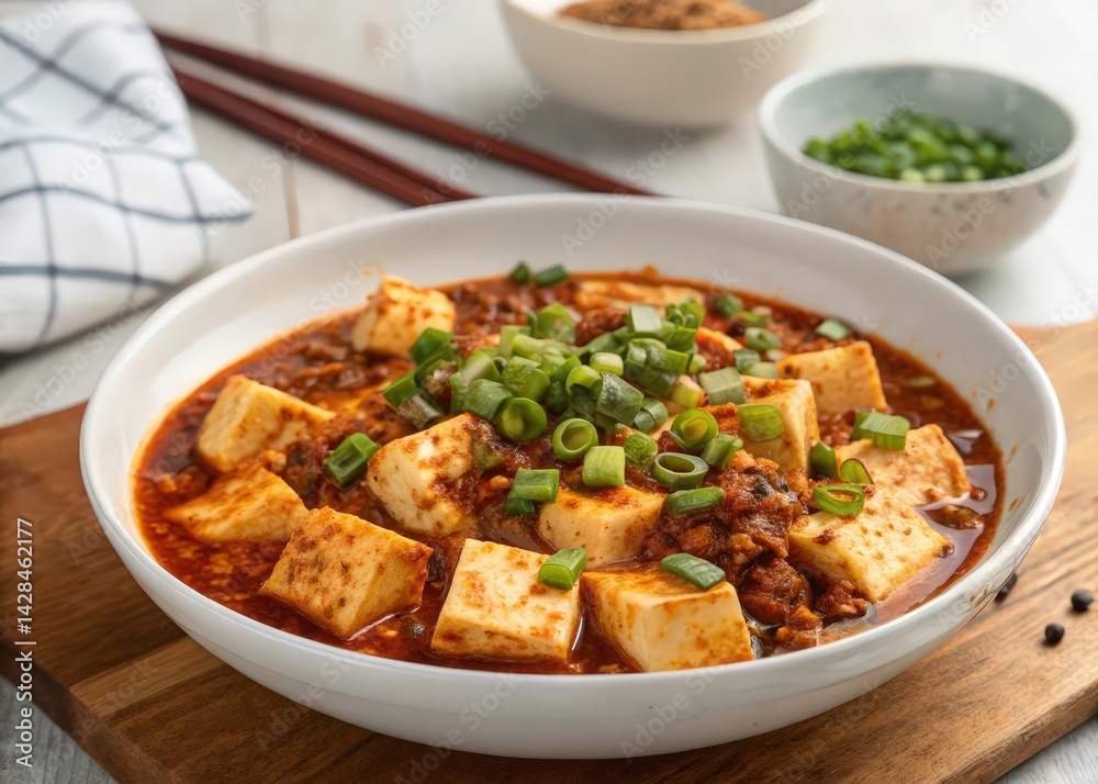Bowl of tofu stew with red sauce, green onions, and sesame seeds. Bowl of tofu stew with red sauce, green onions, and sesame seeds.