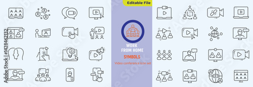 Big set of video conference line icons. Meeting, online, live, call etc. Editable stroke