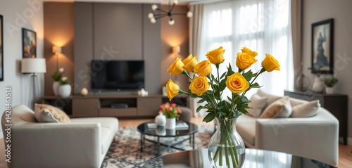 Wallpaper Mural Stylish living room interior, yellow roses in elegant vase, luxury, real estate photography Torontodigital.ca