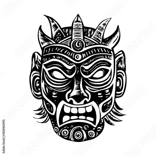 A vintage style illustration of a ritual mask 