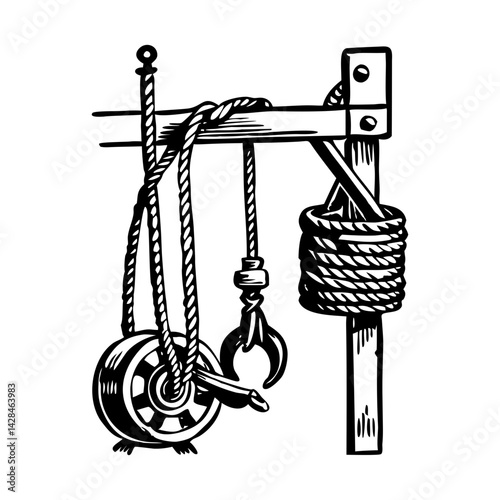 A vintage style illustration of a rope pulley 
