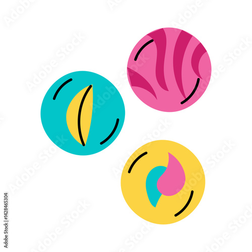 Little glass balls from the 90s. A flat isolated doodle illustration of a group of balls. Aquarium glass balls are a toy of the 90s. Colorful rounded bright objects