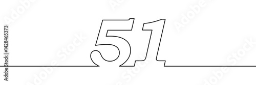 A single line drawing of a fifty one  symbol. One line icon. Continuous line fifty first number icon. Simple black outline of the number 51. Vector illustration.