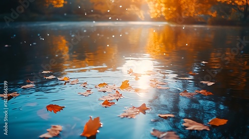Autumn leaves float gently on calm water reflecting trees