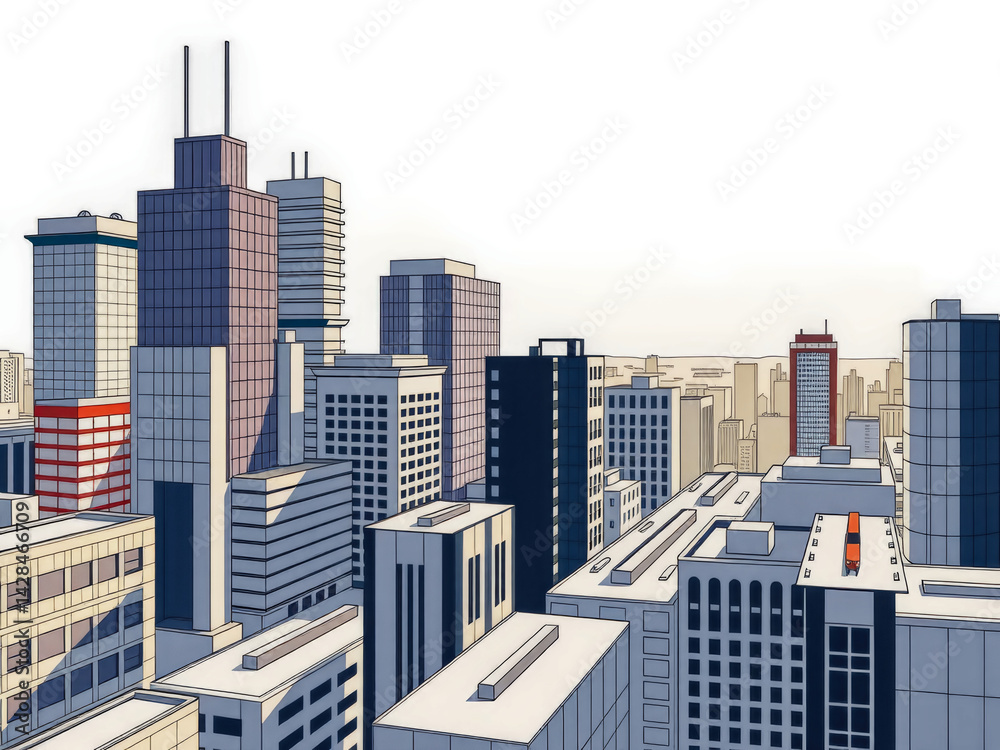 A cityscape with tall buildings and a red bus. The city is bustling with activity and the buildings are modern and sleek. The sky is clear and the sun is shining, creating a bright