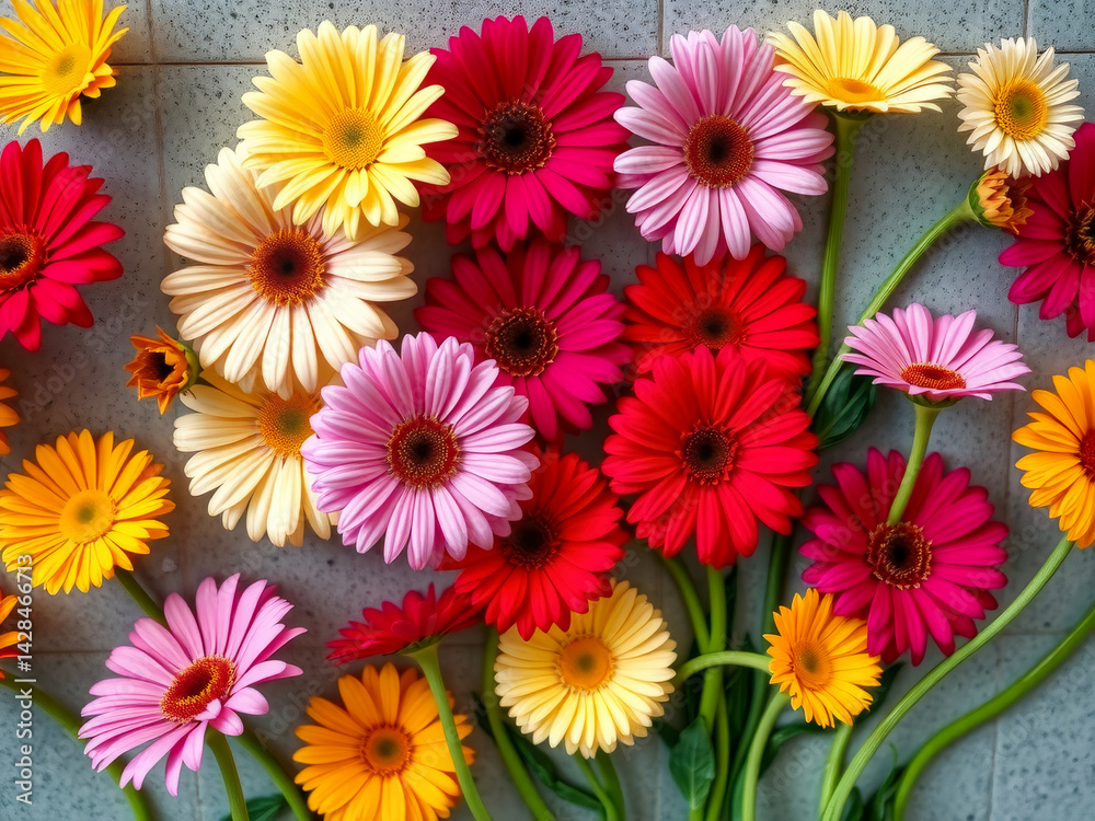 A colorful bouquet of flowers with a variety of colors including pink, yellow, and red. The flowers are arranged in a way that creates a sense of harmony and balance. Scene is cheerful and uplifting