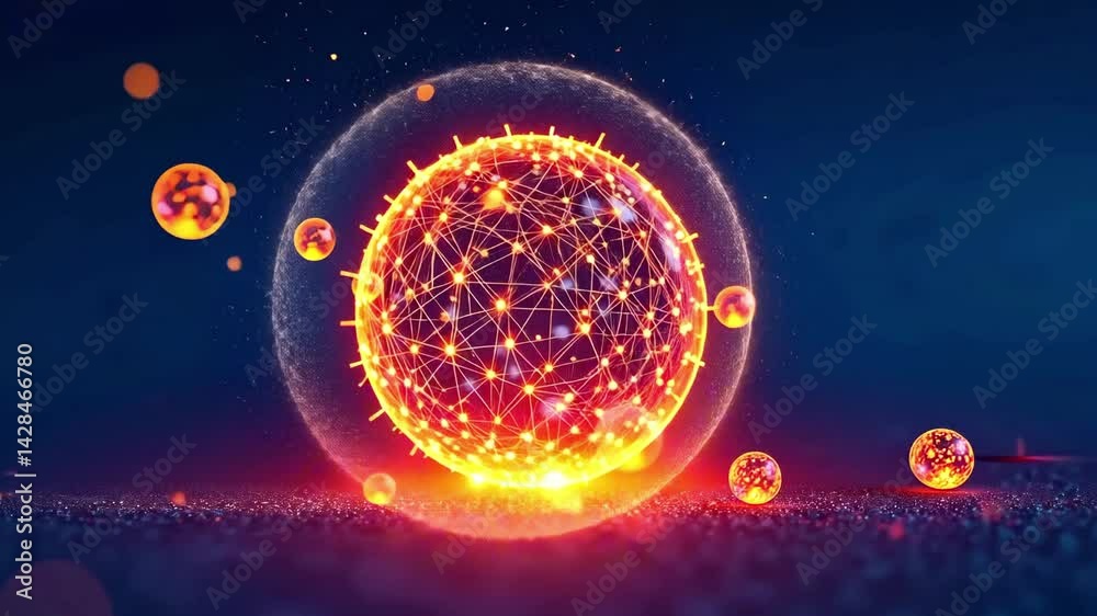 Radiant spherical network of nodes emits bright energy, with particles floating around, as the camera zooms out, showcasing a captivating cosmic environment