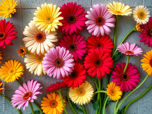 Obraz na płótnie A colorful bouquet of flowers with a variety of colors including pink, yellow, and red. The flowers are arranged in a way that creates a sense of harmony and balance. Scene is cheerful and uplifting w salonie
