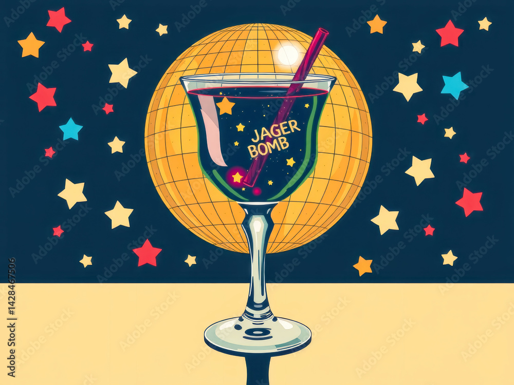 A glass of Jager Bomb is on a table with a starry background. The image has a fun and playful mood, with the use of bright colors and the inclusion of a straw in the drink