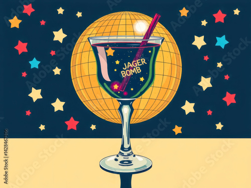 A glass of Jager Bomb is on a table with a starry background. The image has a fun and playful mood, with the use of bright colors and the inclusion of a straw in the drink