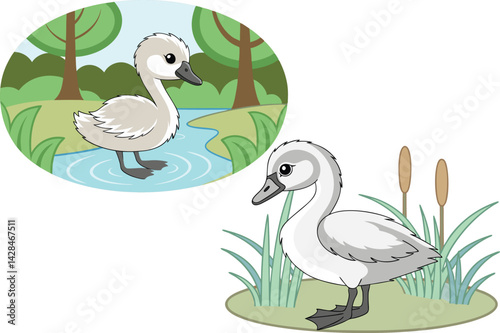 Cartoon Cygnet Illustration Graceful & Peaceful Nature Art