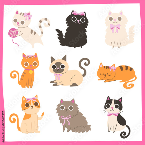 Hand drawn Coquette bow Cute Cartoon Cats Character Illustration collection
