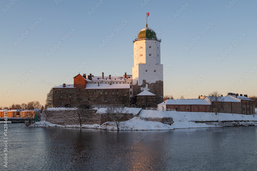 Morning November landscape with the ancient Vyborg Castle. Historical center of Vyborg. Leningrad region, Russia