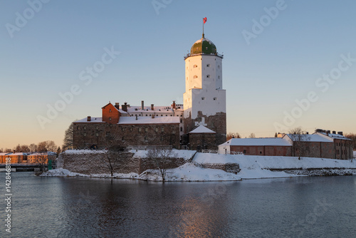 Obraz na płótnie Morning November landscape with the ancient Vyborg Castle. Historical center of Vyborg. Leningrad region, Russia w salonie