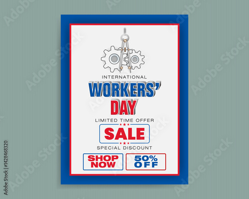 Holidays, design background with texts, gear mechanism and compass for International Workers' day sales and commercial events; Vector illustration.