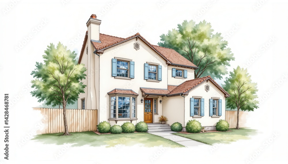 Charming Watercolor Illustration of a Two-Story House Surrounded by Lush Trees in a Serene Neighborhood