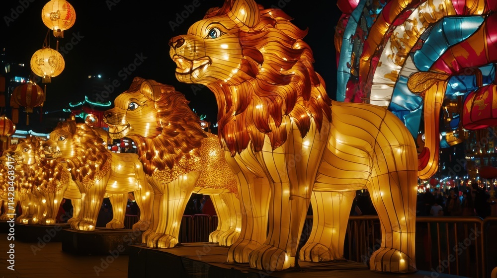 Fototapeta premium Giant glowing animal-shaped lanterns on display at a cultural light festival, no people around
