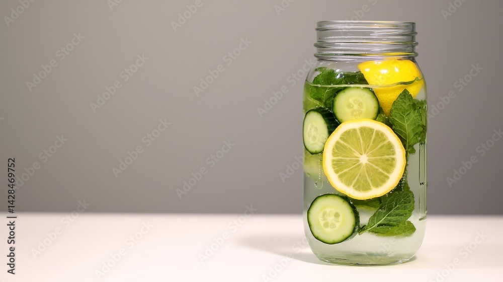 Rejuvenation Through Detox and Nutrient-Rich Wellness Choices, Refreshing infused water with lemon, cucumber, and mint in a glass jar.