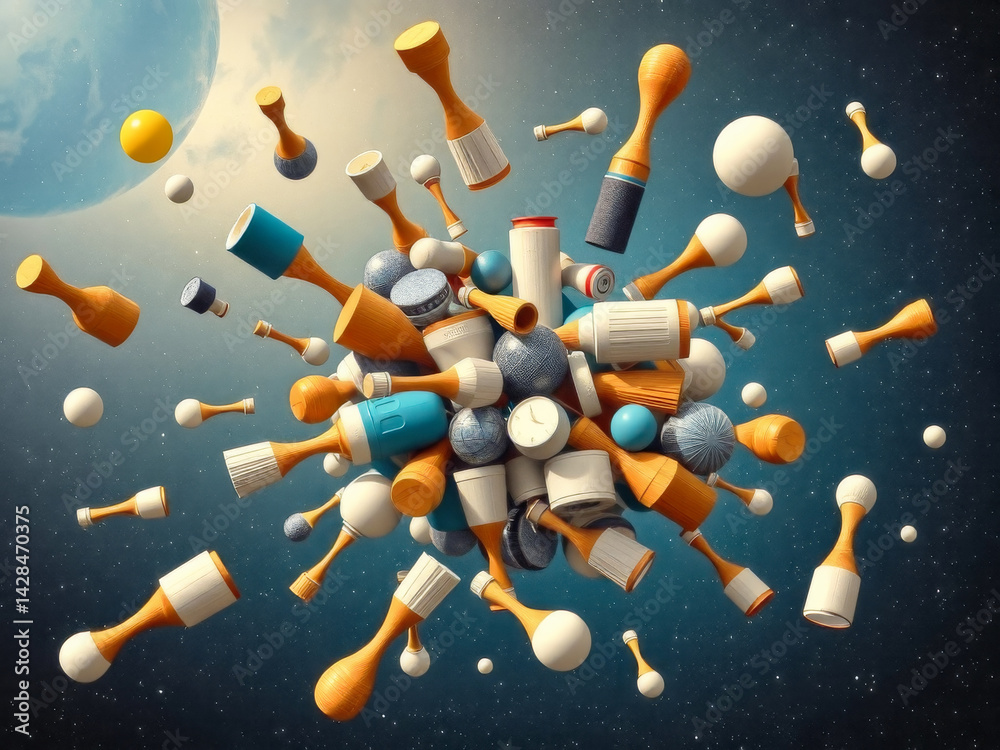 A bunch of objects are floating in space, including a few bottles and a couple of bowls. The scene is chaotic and disorganized, with objects scattered all over the place. Scene is one of confusion