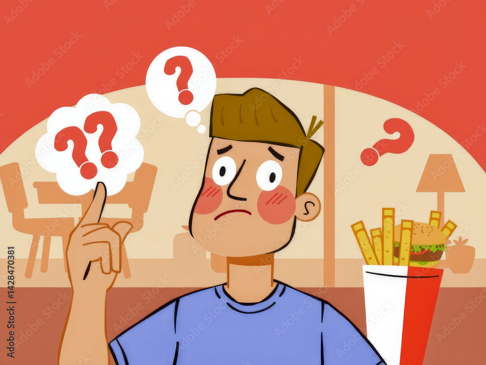 A man is pointing at a picture of a burger and fries. He is thinking about what to do next