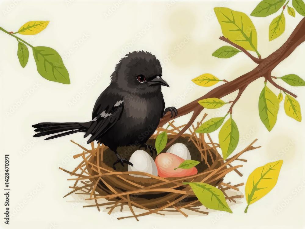 A black bird is sitting on a nest with two eggs. The bird appears to be looking down at the eggs, possibly preparing to feed them. Concept of warmth and nurturing