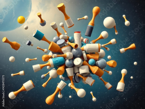 Obraz na płótnie A bunch of objects are floating in space, including a few bottles and a couple of bowls. The scene is chaotic and disorganized, with objects scattered all over the place. Scene is one of confusion w salonie