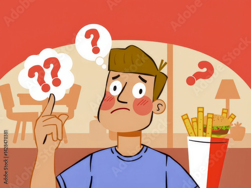 Obraz na płótnie A man is pointing at a picture of a burger and fries. He is thinking about what to do next w salonie