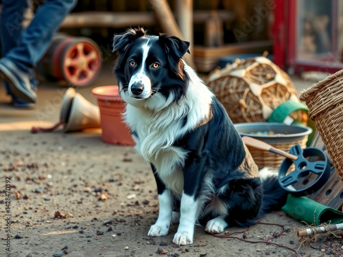 A black and white dog is sitting on the ground next to some baskets and a wheel. The dog appears to be looking at the camera