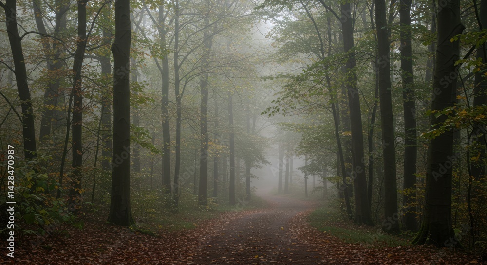 Obraz premium Foggy forest path with trees and fallen leaves on the ground.