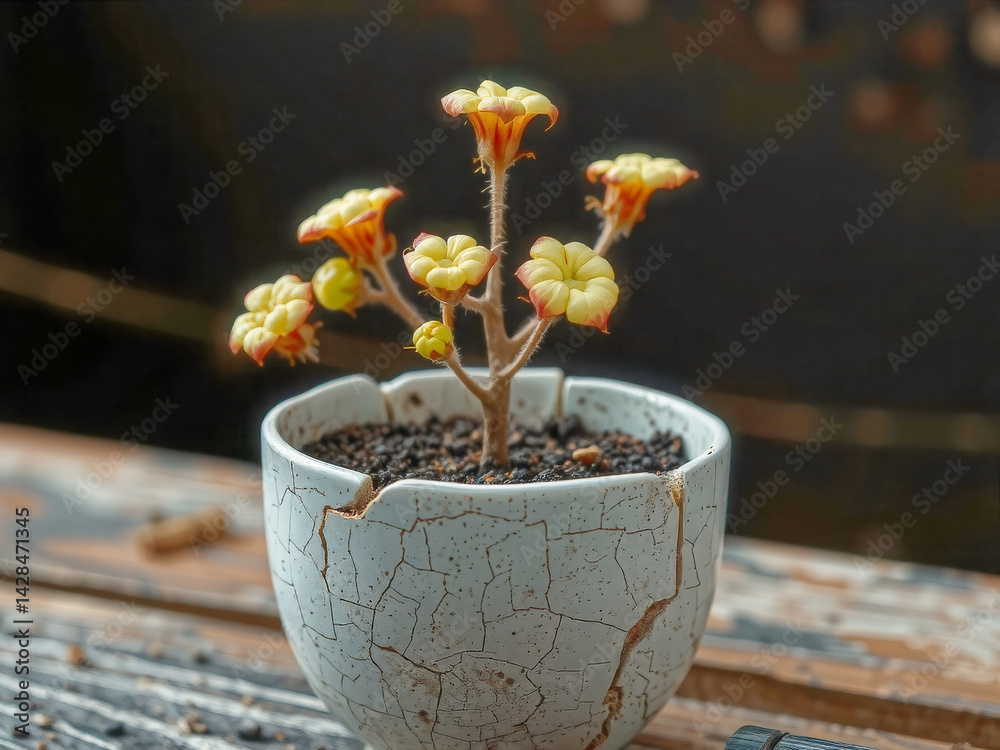 A small plant is in a white pot with a cracked surface. The plant is yellow and has a few red flowers. The pot is placed on a wooden table