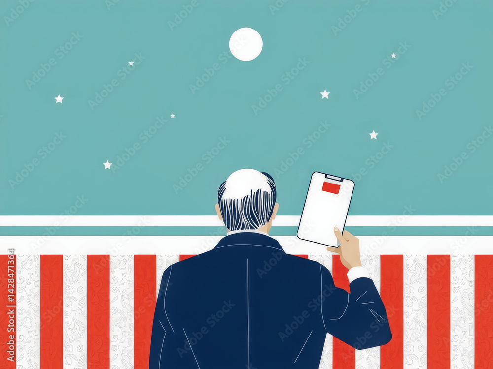 A man is holding a clipboard and looking up at the sky. The sky is filled with stars and the man is looking at the moon. Concept of wonder and curiosity as the man looks up at the sky