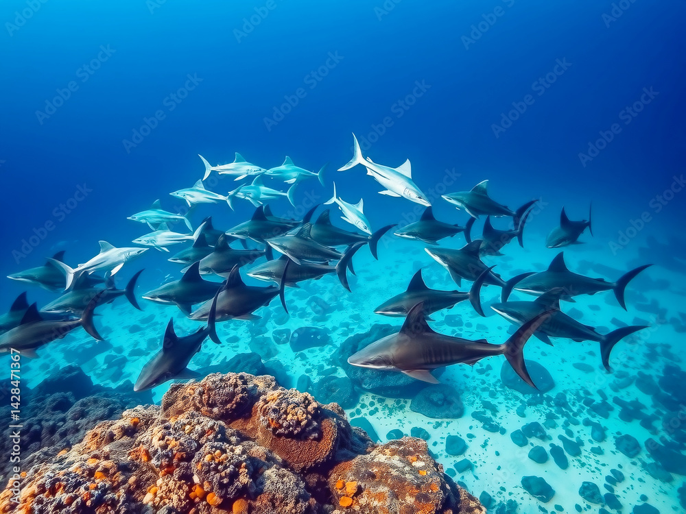 A group of sharks swimming in the ocean. The sharks are in various positions, some are swimming close to the surface, while others are deeper in the water. The scene is dynamic and full of energy