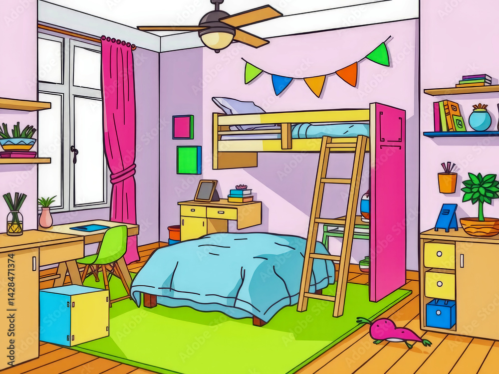 A cartoon drawing of a bedroom with a bunk bed, a desk, and a chair. The room is decorated with colorful banners and potted plants