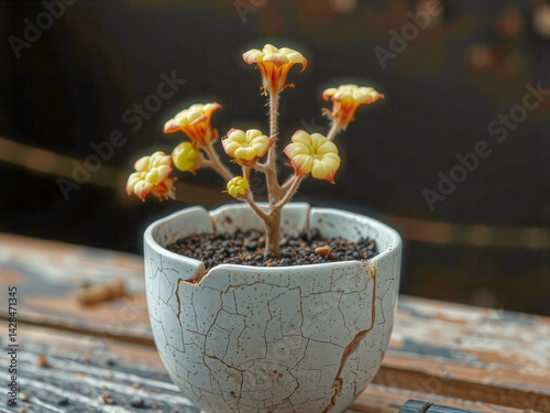 Obraz na płótnie A small plant is in a white pot with a cracked surface. The plant is yellow and has a few red flowers. The pot is placed on a wooden table w salonie