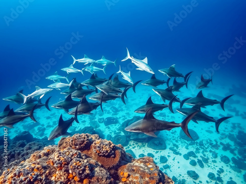Obraz na płótnie A group of sharks swimming in the ocean. The sharks are in various positions, some are swimming close to the surface, while others are deeper in the water. The scene is dynamic and full of energy w salonie