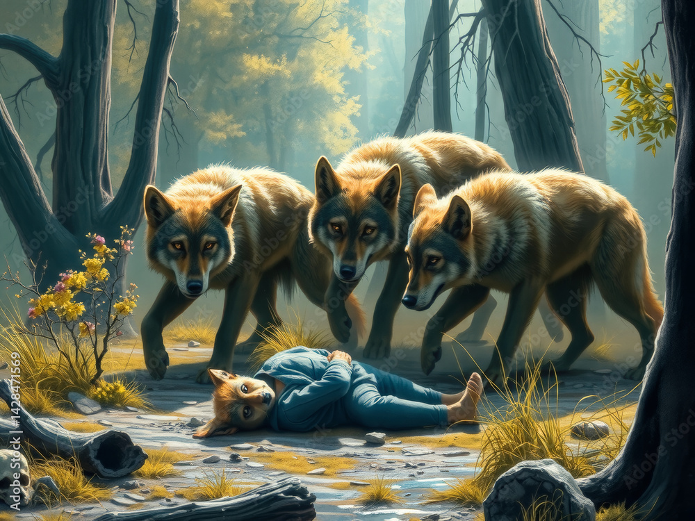 A cartoonish drawing of three wolves and a person. The person is laying on the ground and the wolves are looking at him. Scene is dark and ominous