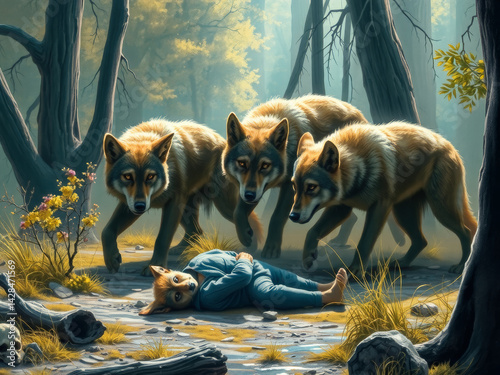 Obraz na płótnie A cartoonish drawing of three wolves and a person. The person is laying on the ground and the wolves are looking at him. Scene is dark and ominous w salonie