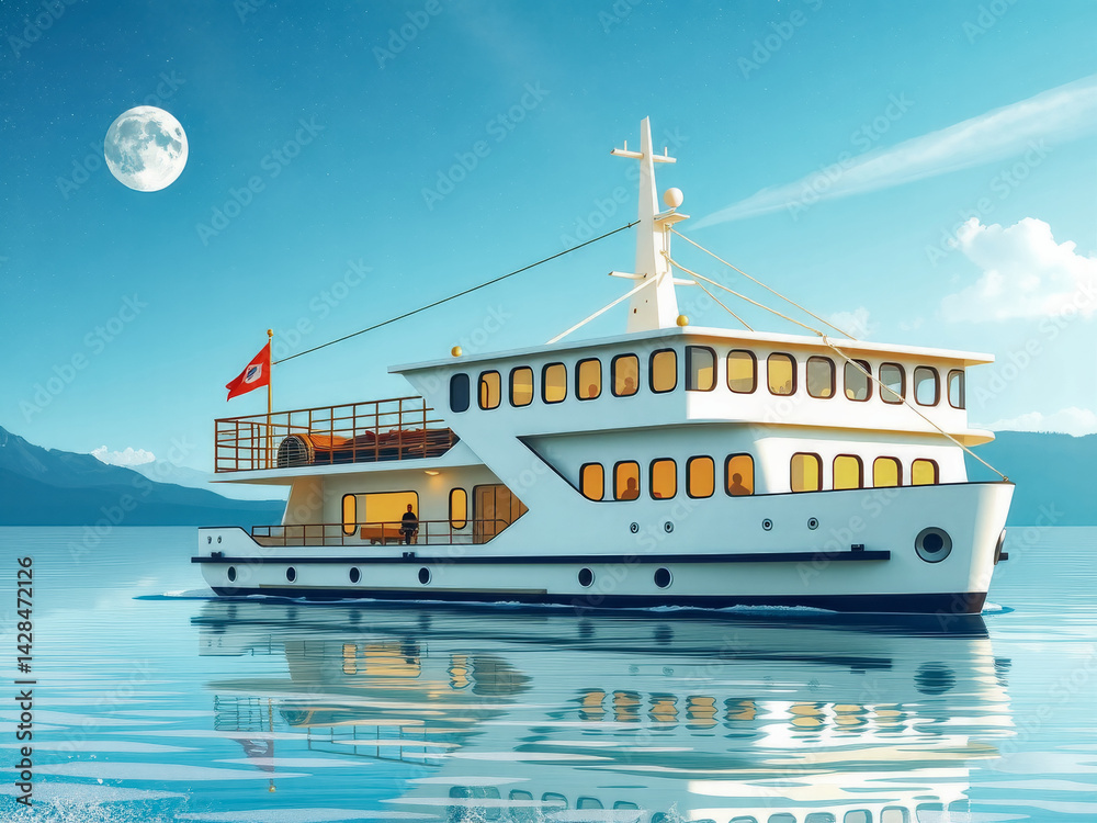 A large white boat is sailing on the water with a red flag on the front. The sky is clear and the moon is visible in the background