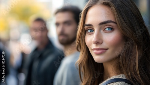 Woman smiles at camera with two men in blurred background outdoors.
