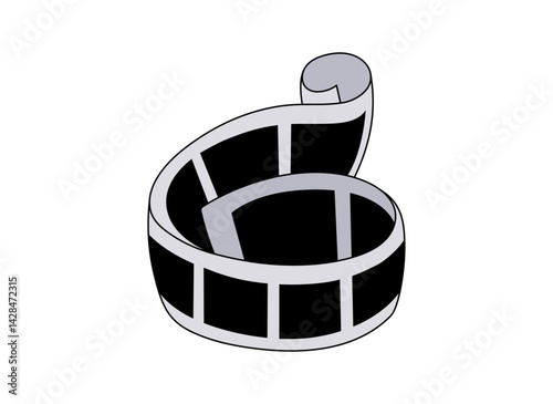 Film roll icon. A curled strip of classic black film reel. Retro cinematic illustration. Movie sticker element.