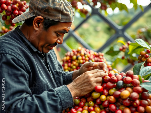 A man is picking fruit from a tree. He is wearing a hat and a black shirt. The fruit is red and green
