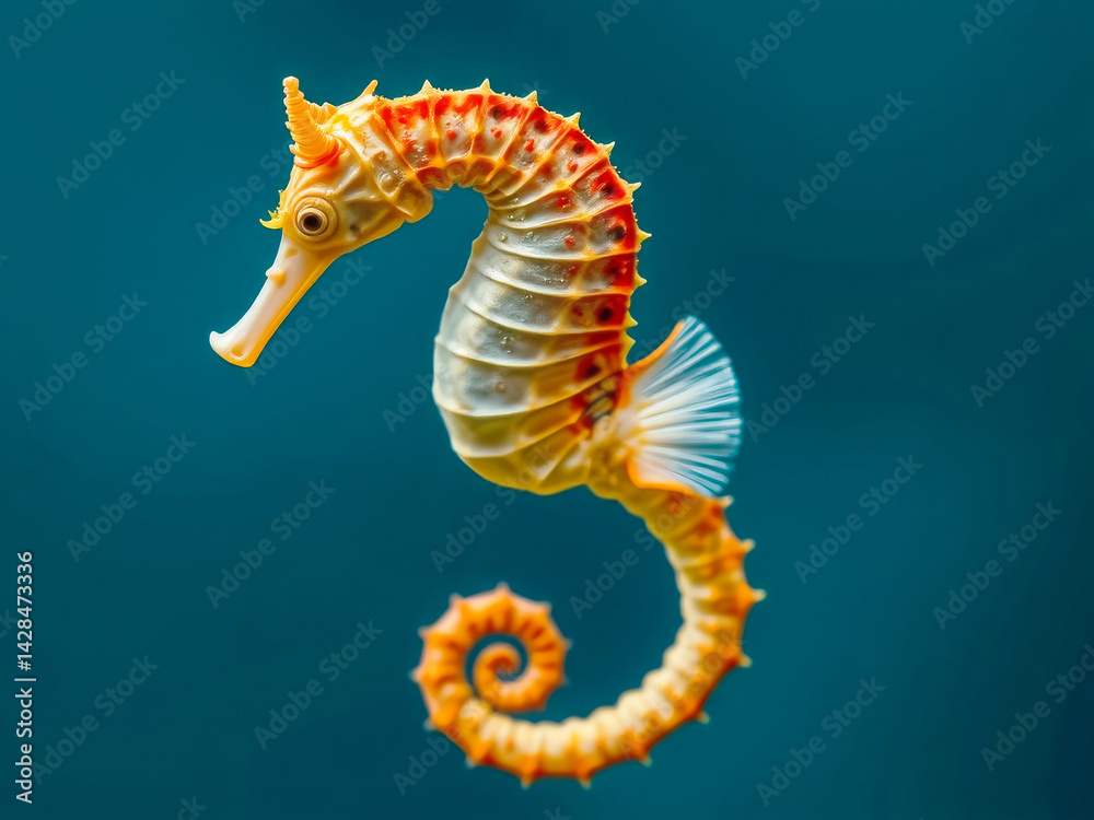 A small yellow and orange sea horse is floating in the water. The image has a calm and peaceful mood, as the sea horse is not in motion and is floating in the water